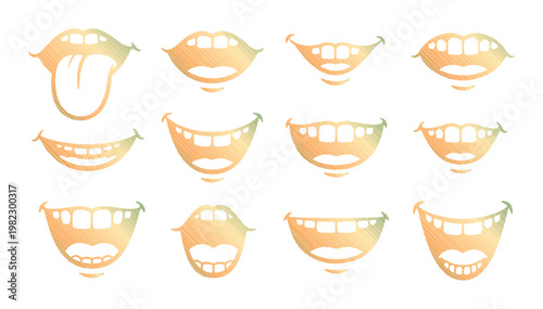 Collection of diverse mouths and smiles expressing various emotions and actions