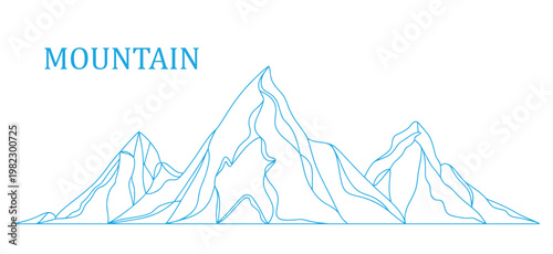 A simple yet elegant vector illustration depicts a range of majestic mountains outlined in a striking blue hue against a clean white background, emphasizing their grandeur and natural beauty.