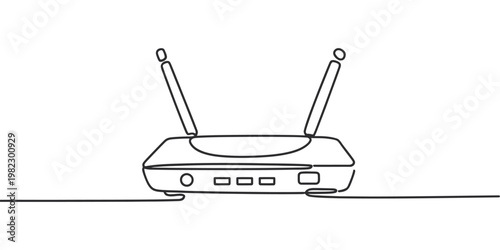 A sleek continuous line art illustration depicts a contemporary internet router with two prominent antennas, rendered in a clean black outline against an uncluttered white background for technology co