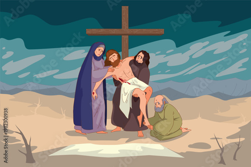 Dramatic Scene Of Grief And Solemnity. Sacred Depiction Of Sorrowful Followers Supporting Christ