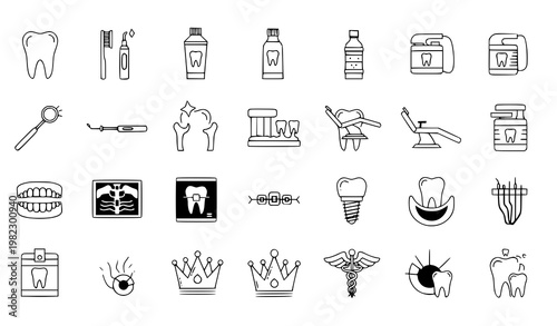 A set of dental icons and illustrations in a flat minimal design