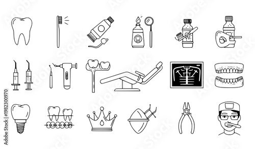 A collection of dental icons and illustrations in a flat minimal style