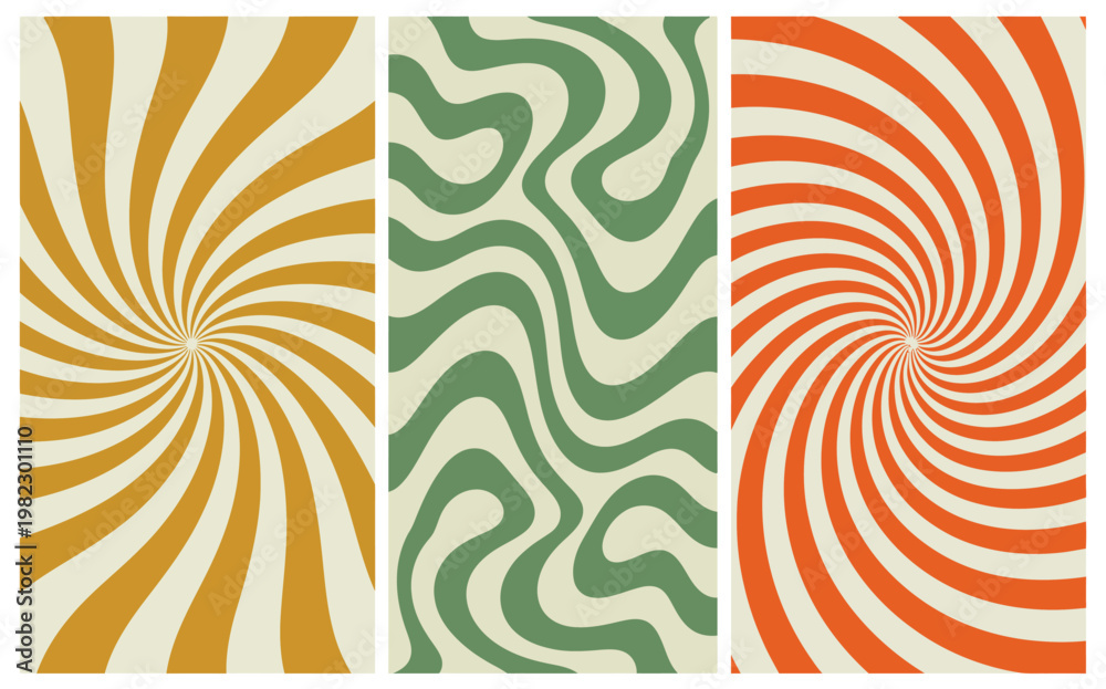 Fototapeta premium Three abstract vector graphic designs featuring swirling patterns and wavy retro lines