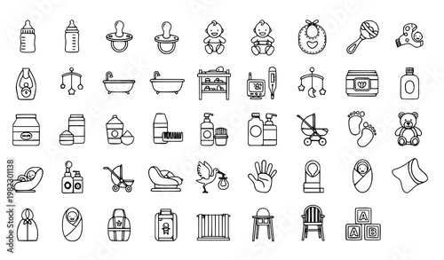 A collection of baby care icons in a minimalist line art style