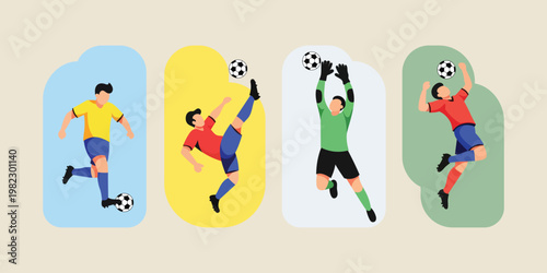 Set of soccer players in different poses with a ball for World Championship 2026, flat vector illustration