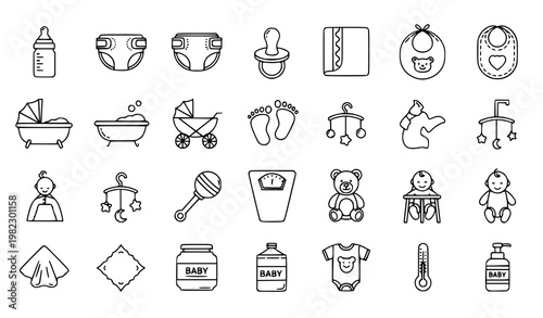 A set of baby care icons in a minimal line art style