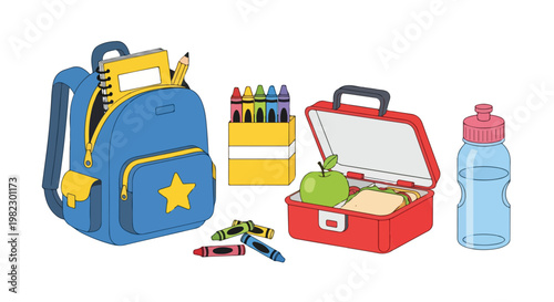 Colorful illustration of a school backpack, lunchbox, water bottle, and crayons on a plain white background, arranged for a back-to-school theme.