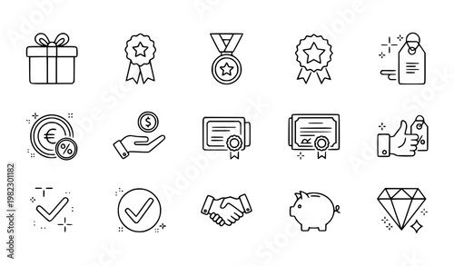 A set of line art icons representing business awards and finance