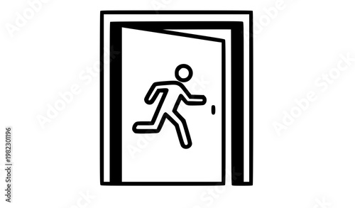 A minimalist vector graphic of a person running out of a door