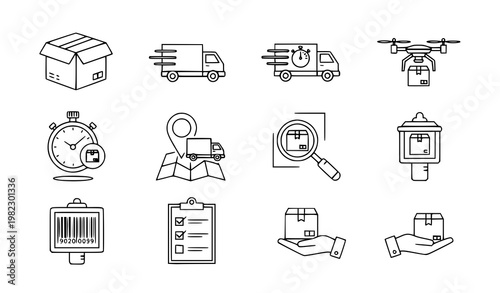 A set of line art icons depicting various delivery and shipping concepts