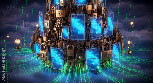 Futuristic castle with blue neon lights, cyberpunk architecture, illuminated fortress