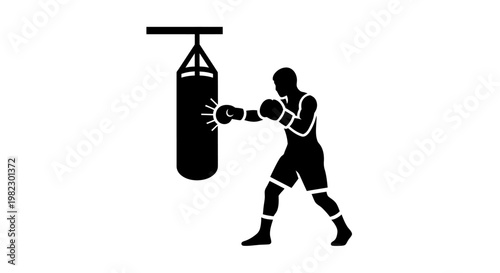 A black silhouette of a boxer training.