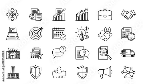 A collection of business icons in a flat line art style