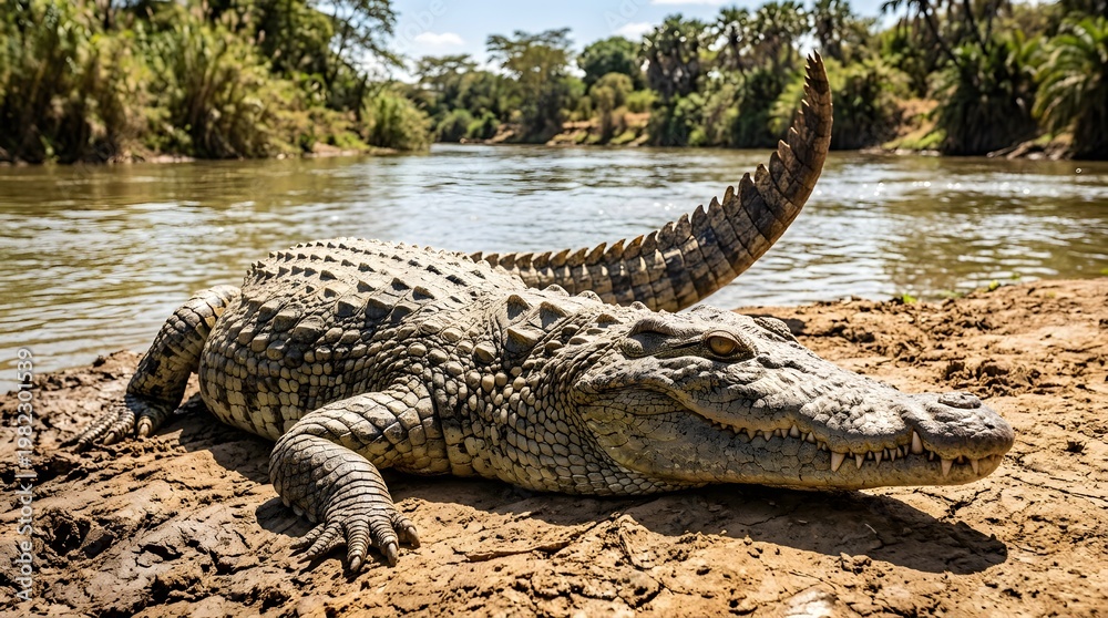 Fototapeta premium Large crocodile resting on riverbank in natural wildlife habitat