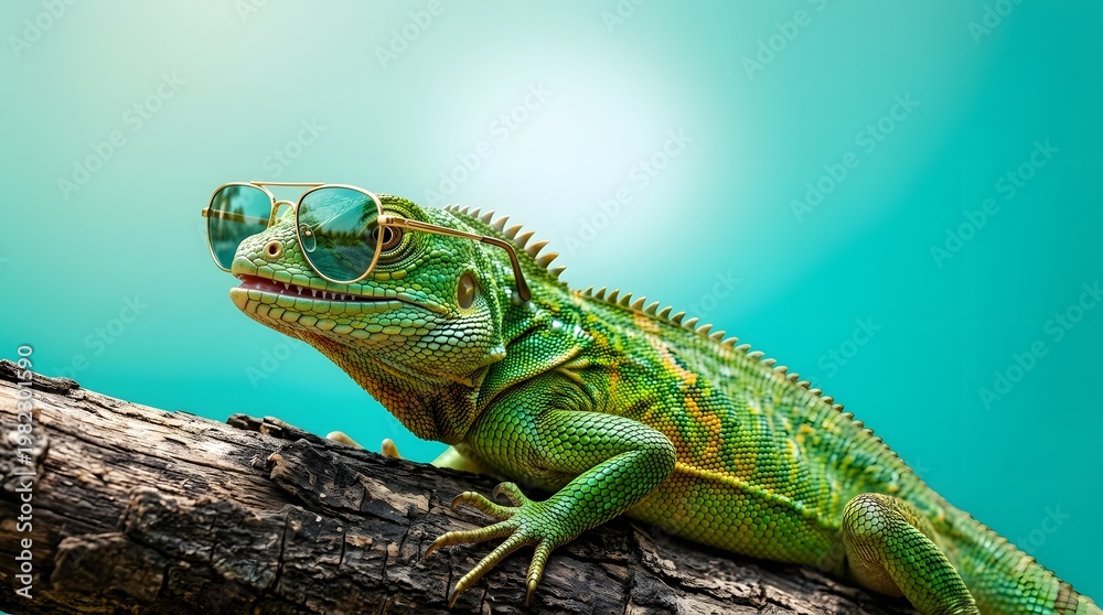Fototapeta premium Cool iguana wearing sunglasses on a tree branch against turquoise background