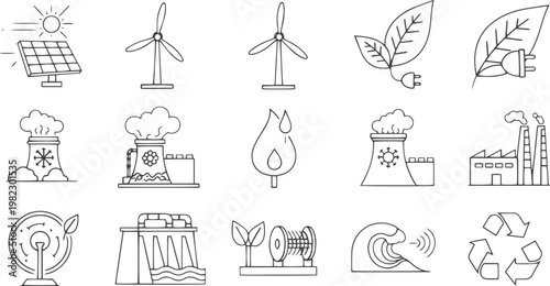 Sustainable Energy and Eco Industry Hand-Drawn Doodle Icon Set