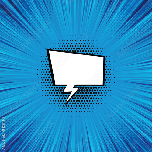A vibrant blue comic book style speech bubble with a white interior and black outline