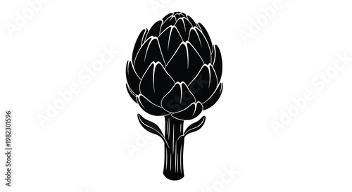 A detailed black and white line drawing showcases a single artichoke with visible leaf layers