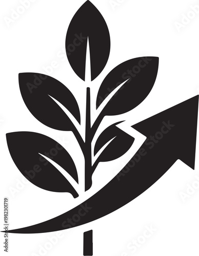 Black plant growth arrow icon, eco friendly symbol, leafy upward trend vector, sustainable development sign
