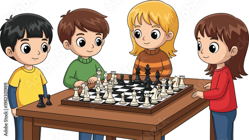 Kids playing chess board game vector illustration with children learning strategy thinking and educational activity concept