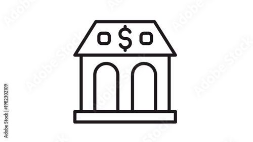 Black line art vector icon of a bank building with a dollar sign symbol on the roof, representing finance, banking, money, investment, and commercial property, isolated on a white background.