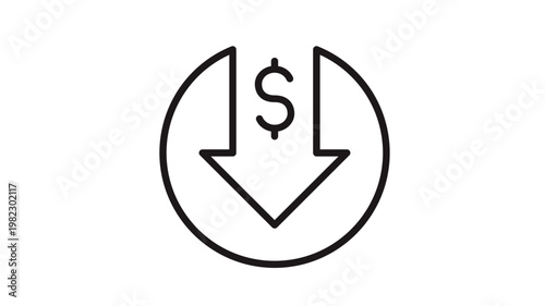 Minimalist black line vector icon illustration of a downward arrow with a dollar sign inside a circle, representing price drop, cost reduction, financial decrease, or economic deflation.