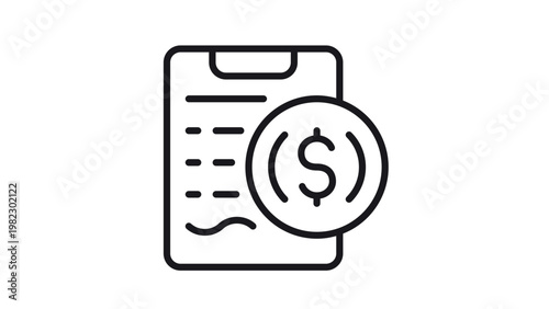 Black vector icon of a clipboard with a dollar sign coin, representing a financial report, invoice, billing document, or business accounting statement in a clean minimalist line art style.