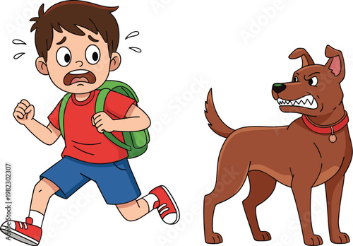 Scared boy running from angry dog vector illustration showing fear danger attack situation cartoon character isolated design