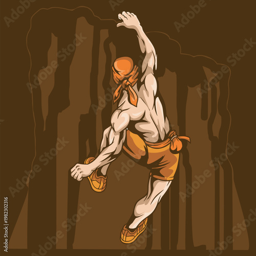 Strong Male Rock Climber Ascending Steep Cliff Face