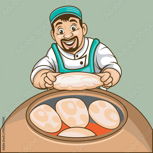 Traditional Baker Baking Fresh Naan Bread in Tandoor Clay Oven