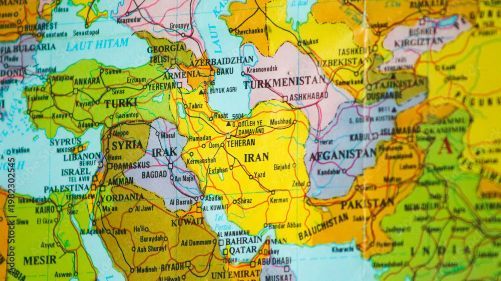 Naklejka premium Map of the Middle East region with a focus on Iran. Detailed political map highlighting Iran's borders and its strategic geographic position in Western Asia.
