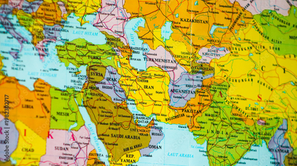 Naklejka premium Map of the Middle East region with a focus on Iran. Detailed political map highlighting Iran's borders and its strategic geographic position in Western Asia.