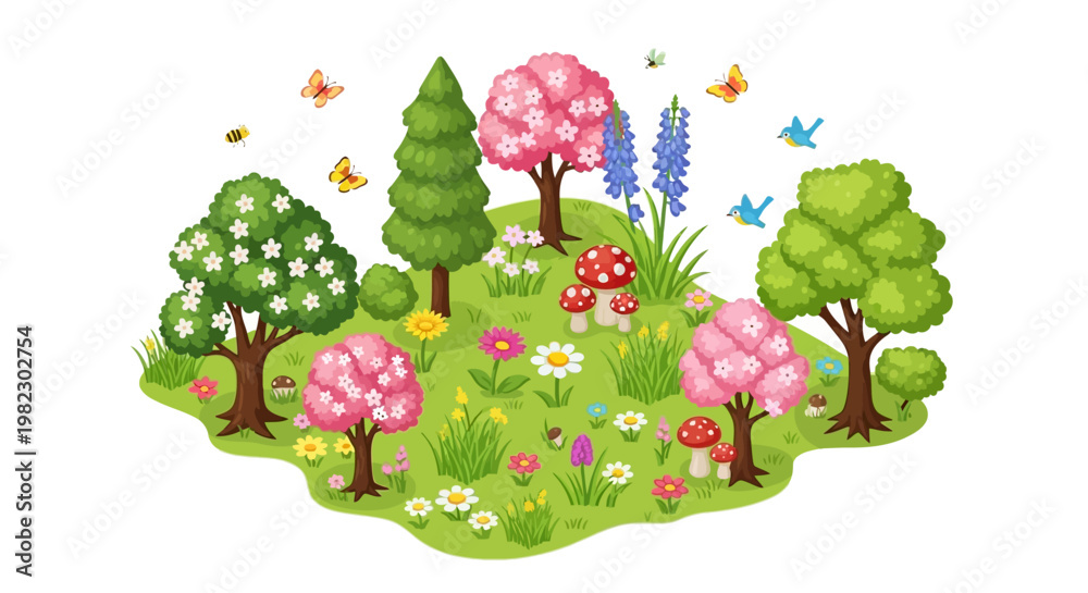 Obraz premium Isometric flowering plants and trees form a spring garden landscape illustration with cartoon characters of butterflies and insects, rendered in a cheerful, colorful vector design