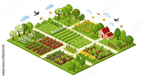 Isometric vector art depicts a spring flower garden, featuring tiny people, icons, and character designs, with flowering plants and a little house against a clean white background