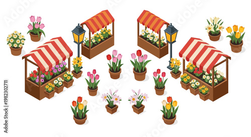 Isometric vector illustration of a spring flower market, featuring flowering plants and characters at stalls with striped awnings, conveying a colorful and cheerful mood against a clean