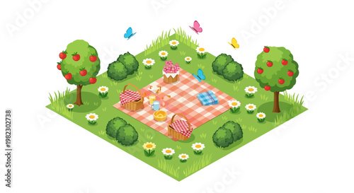 Isometric vector art depicting a picnic scene in a spring flower garden, with characters enjoying food on a red-and-white checkered blanket surrounded by flowering plants and butterflies