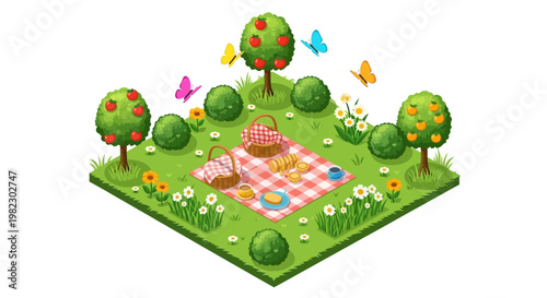Isometric vector illustration of a spring picnic scene with flowering plants, featuring stylized characters of trees and butterflies around a picnic blanket with food, set against a bright