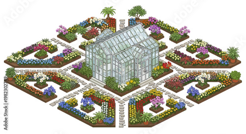 Isometric vector illustration of a spring flower garden with a greenhouse at the center, surrounded by colorful flowering plants in a symmetrical design, creating a vibrant and cheerful