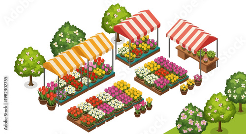 Isometric vector art shows a spring flower market illustration with flowering plants and people as character icons, rendered in a clean, bright design with a world of business