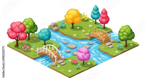Isometric illustration featuring a vibrant spring flower garden with colorful flowering plants, crossed by two quaint bridges over a flowing river, rendered in a cheerful, cartoonish style