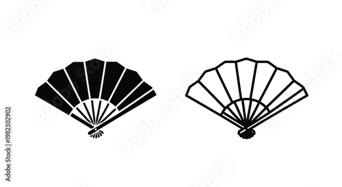 Two black and white illustrations depicting traditional folding hand fans