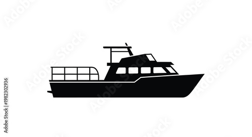 A minimalist black silhouette depicts a motorboat or yacht showcasing its side profile and structure