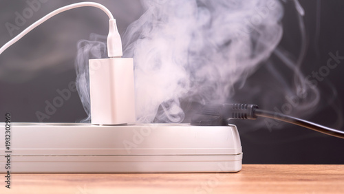 Photography White charger emits smoke from surge protector