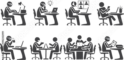 Minimal office workflow icon set, person sitting at desk in multiple stages ,working on laptop, drinking coffee, chatting, meeting