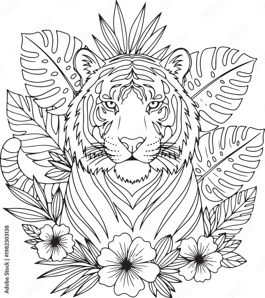 Obraz premium Tiger with Tropical Leaves Vector Artwork