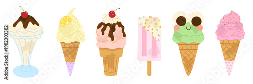 Cute ice cream set. Various vaffle cones, popsicles and creamy desserts collection. Sweet summer treats perfect for kids design, cafe menu, posters and cards. Flat vector illustraton.