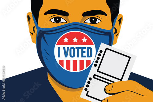 Voter wears mask while holding ballot.