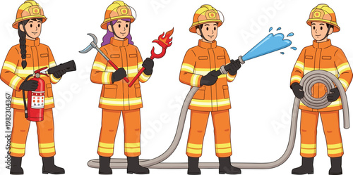 Firefighters team with equipment, emergency rescue workers in uniform, fire safety service concept, professional vector illustration set