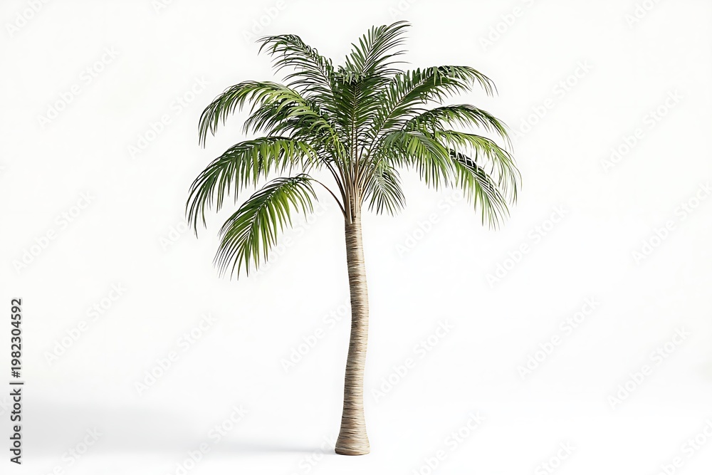 Obraz premium A minimal cartoon palm tree with a slender trunk and curved fronds, isolated on white background 