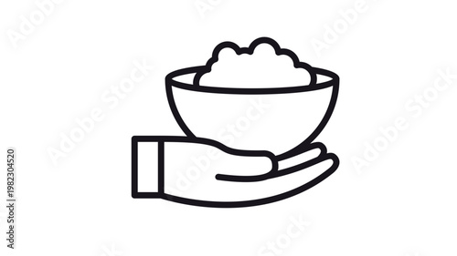 Hand Holding a Bowl of Food Vector Icon Illustration, Minimalist Black Line Art Symbol for Charity, Hunger Relief, Food Donation, and Humanitarian Aid, Scalable Graphic for Social Service